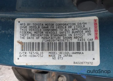 1994 Toyota Corolla Dx z USA, uszkodzony, nr VIN JT2AE09V7R0067317